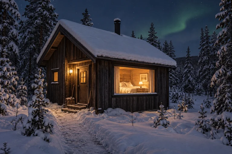 Generated illustration of a snowy timber cabin with a warmly lit bedroom visible through the window
