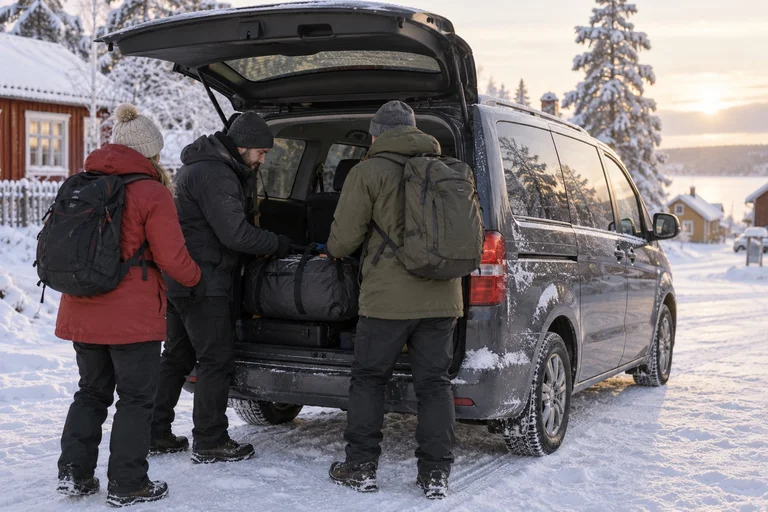 Generated illustration of travellers loading their bags into a minivan before departure
